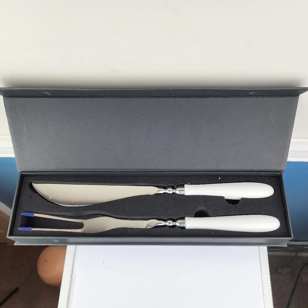 White Handled Two Piece Carving Set Knife and Fork